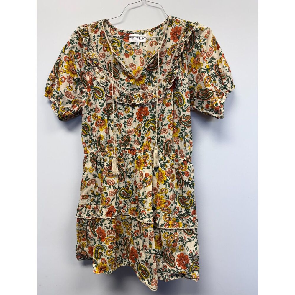 Maisie Women’s XL Floral Paisley Tiered Cotton Dress Boho Tassel Ruffle